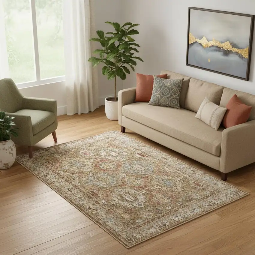 Ivory And Green Geometric Distressed Area Rug Photo 1