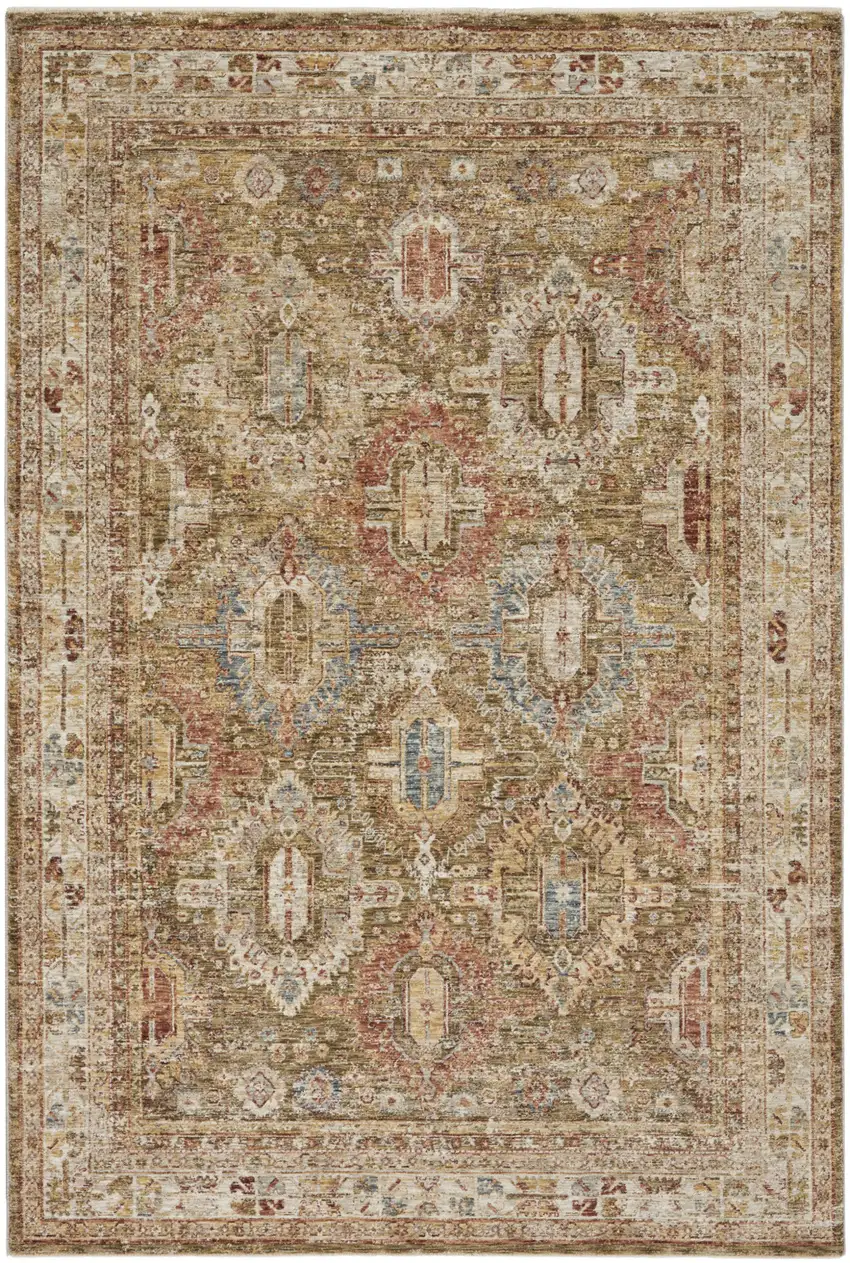 Ivory And Green Geometric Distressed Area Rug Photo 2