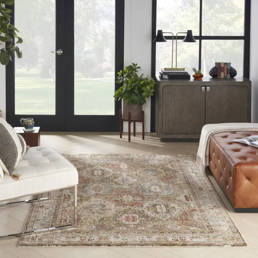 Ivory And Green Geometric Distressed Area Rug Photo 5