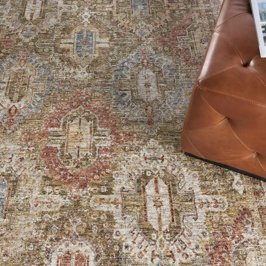 Ivory And Green Geometric Distressed Area Rug Photo 9