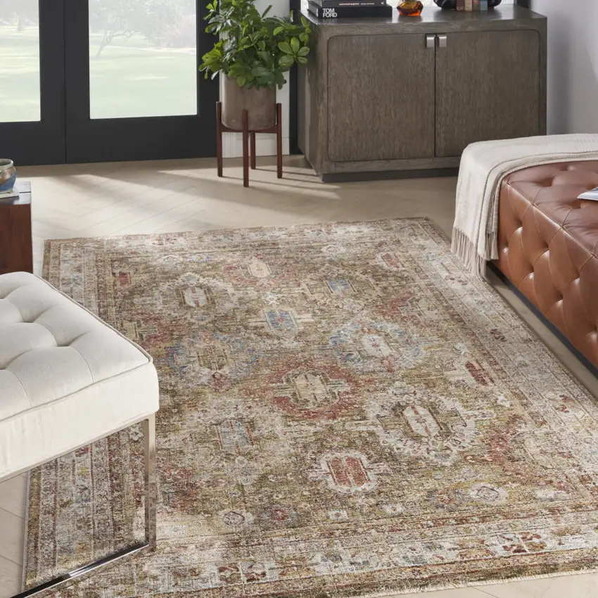 Ivory And Green Geometric Distressed Area Rug Photo 4