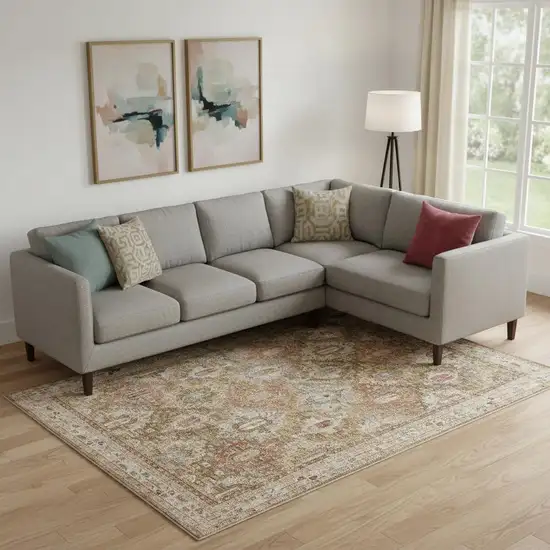 Ivory And Green Geometric Distressed Area Rug Photo 1