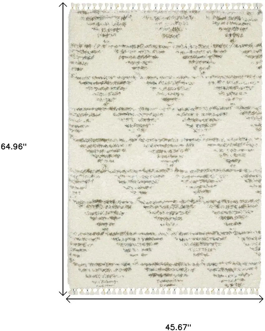 Ivory And Green Geometric Shag Area Rug With Fringe Photo 3
