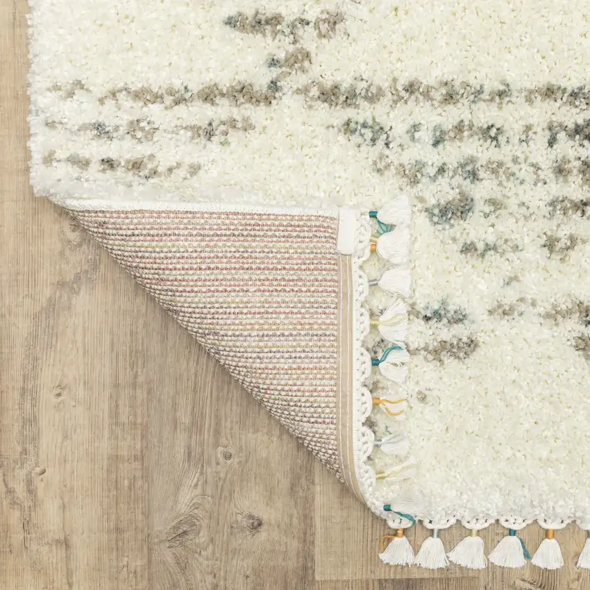 Ivory And Green Geometric Shag Area Rug With Fringe Photo 9