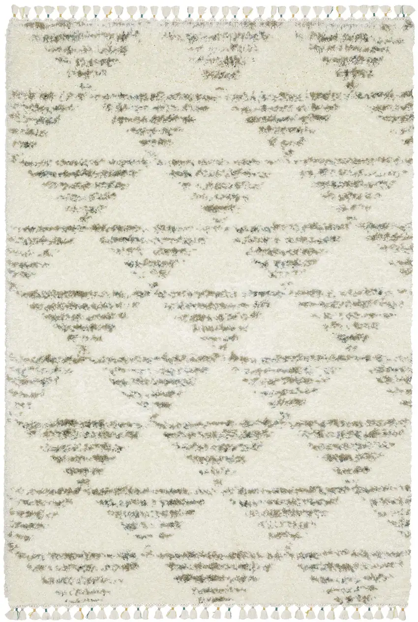 Ivory And Green Geometric Shag Area Rug With Fringe Photo 2