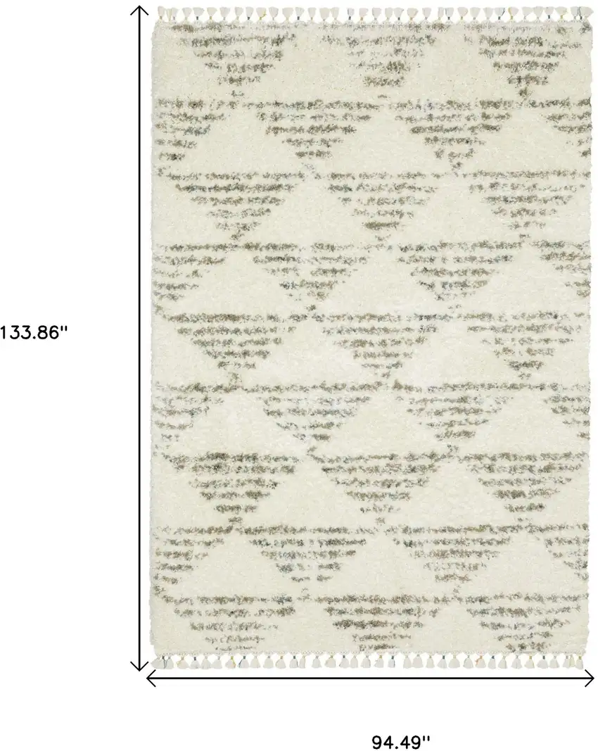 Ivory And Green Geometric Shag Area Rug With Fringe Photo 3