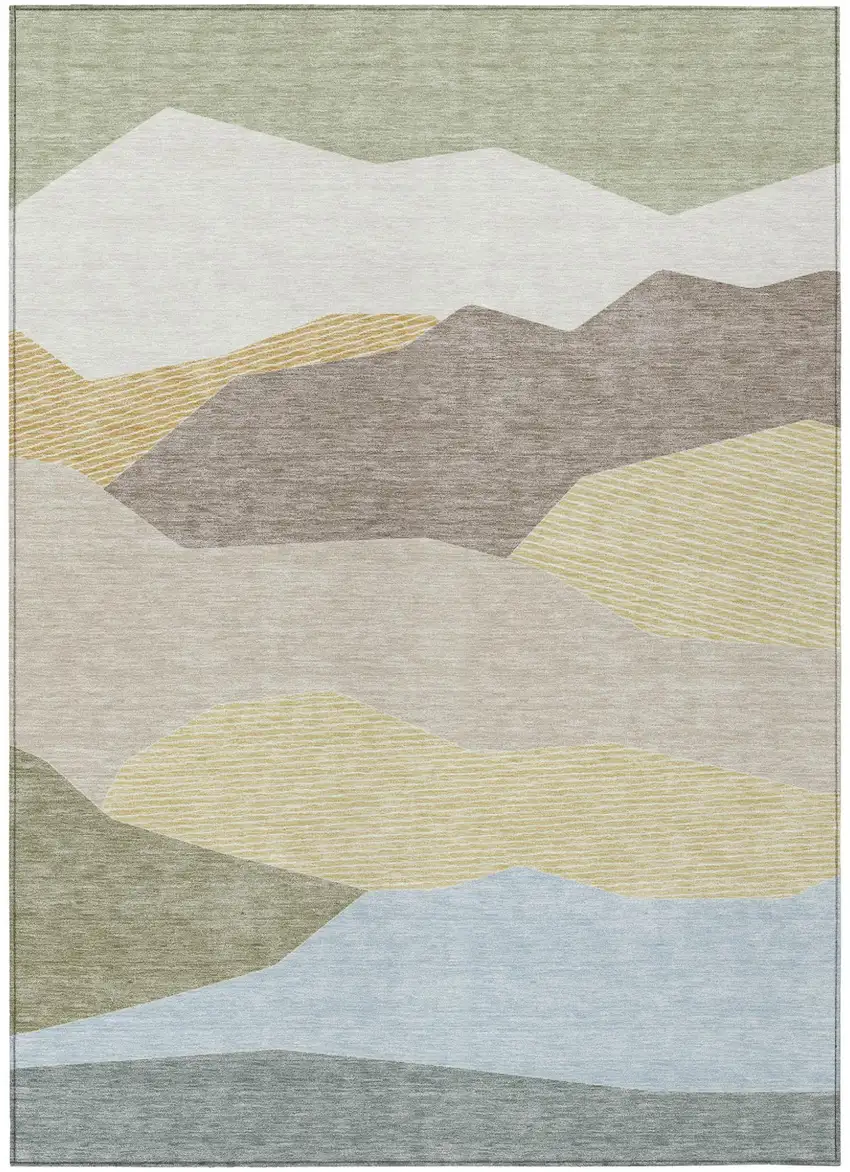 Ivory And Green Geometric Washable Indoor Outdoor Area Rug Photo 1