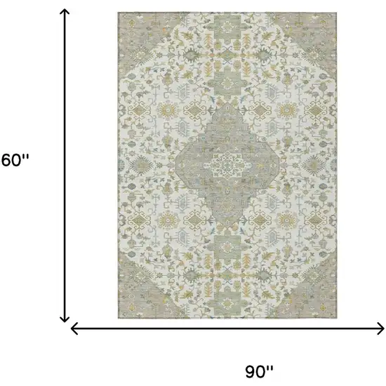 Ivory And Green Medallion Washable Indoor Outdoor Area Rug Photo 7