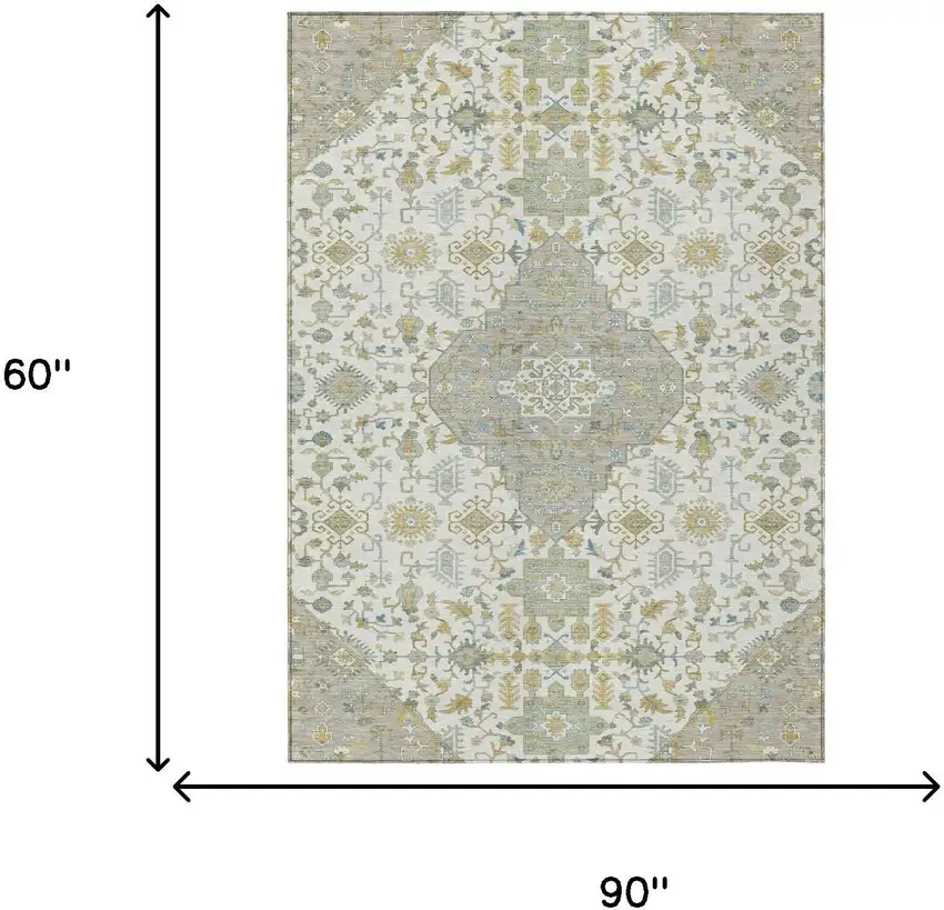 Ivory And Green Medallion Washable Indoor Outdoor Area Rug Photo 7