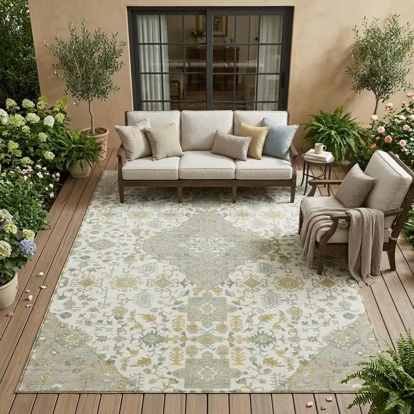 Ivory And Green Medallion Washable Indoor Outdoor Area Rug Photo 1