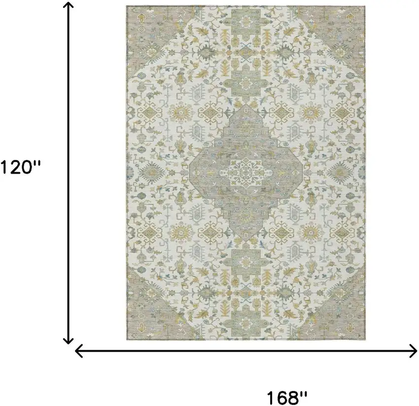 Ivory And Green Medallion Washable Indoor Outdoor Area Rug Photo 7