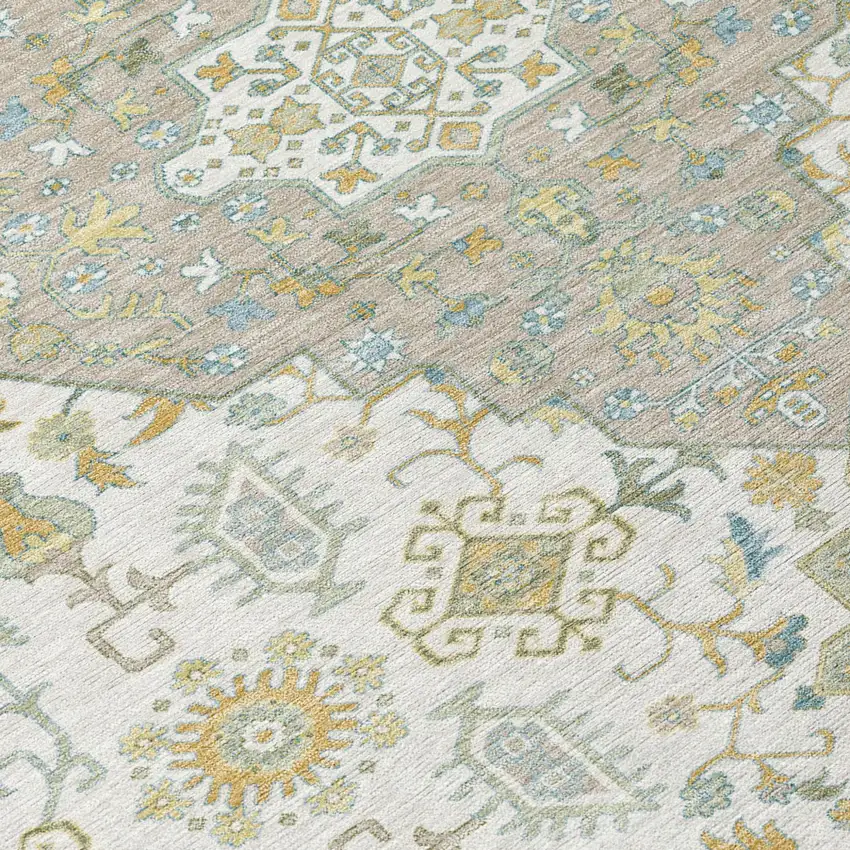 Ivory And Green Medallion Washable Indoor Outdoor Area Rug Photo 6