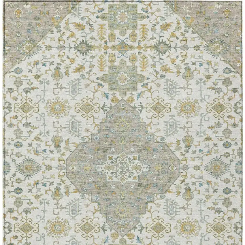 Ivory And Green Medallion Washable Indoor Outdoor Area Rug Photo 4