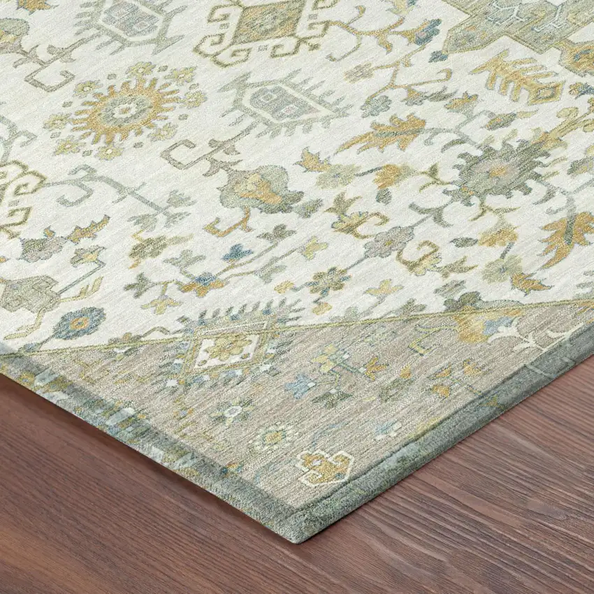 Ivory And Green Medallion Washable Indoor Outdoor Area Rug Photo 5