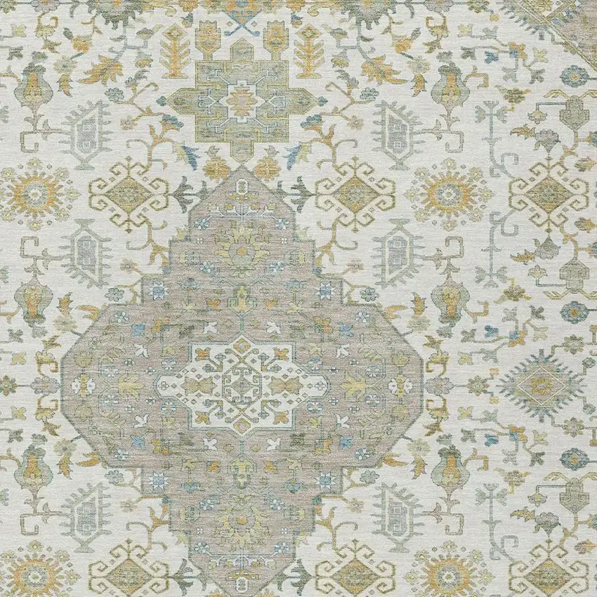 Ivory And Green Medallion Washable Indoor Outdoor Area Rug Photo 3