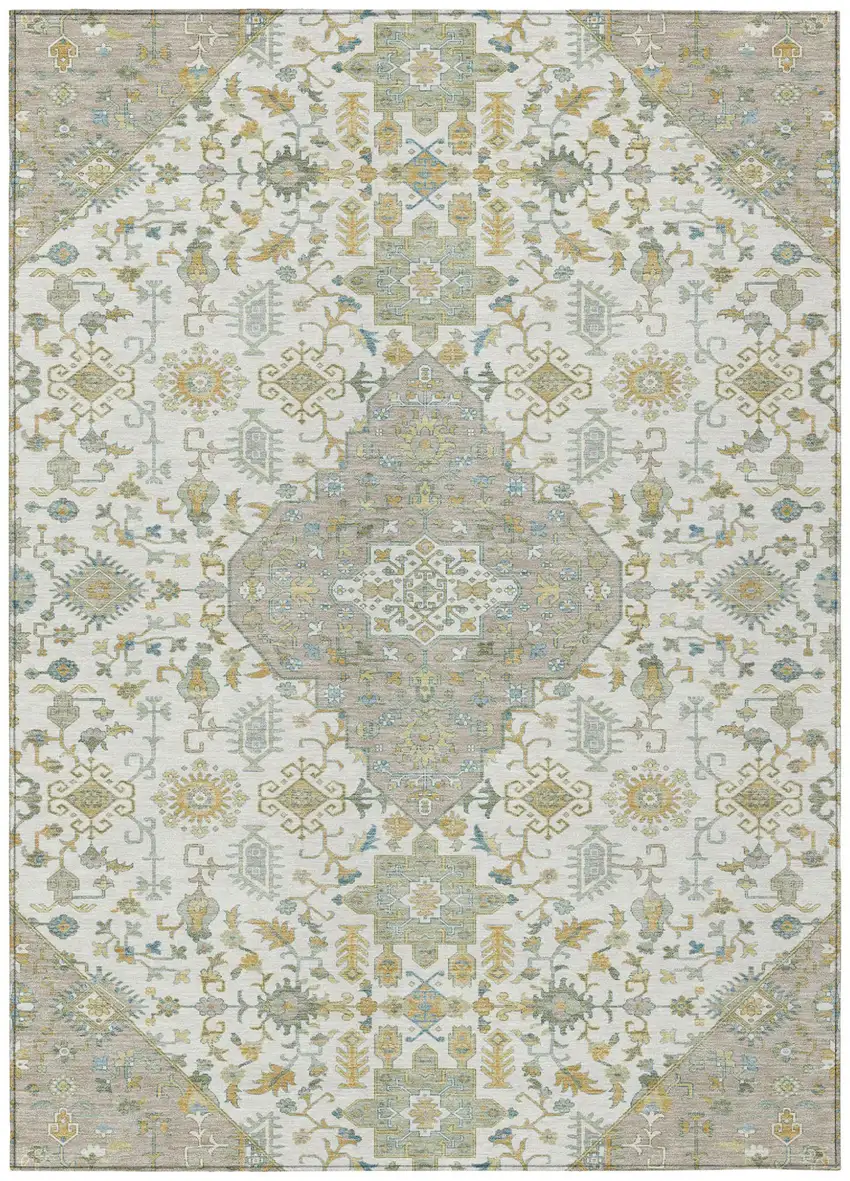 Ivory And Green Medallion Washable Indoor Outdoor Area Rug Photo 2