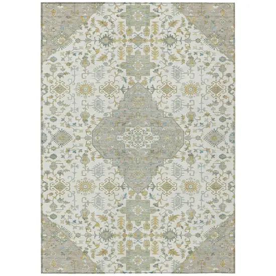 Ivory And Green Medallion Washable Indoor Outdoor Area Rug Photo 2