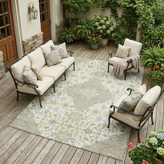 Ivory And Green Medallion Washable Indoor Outdoor Area Rug Photo 1