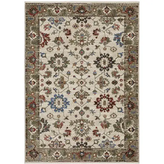 Ivory And Green Oriental Area Rug With Fringe Photo 4