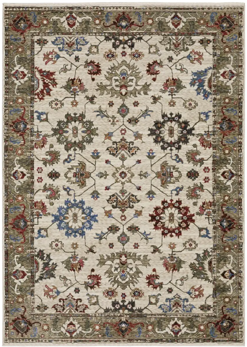 Ivory And Green Oriental Area Rug With Fringe Photo 4