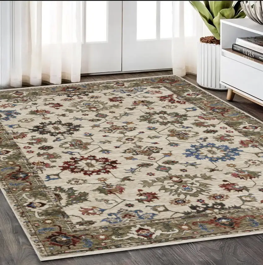Ivory And Green Oriental Area Rug With Fringe Photo 1
