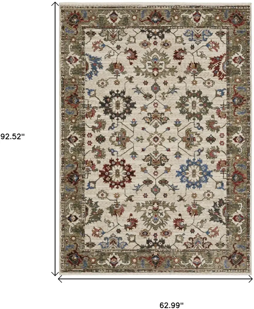 Ivory And Green Oriental Area Rug With Fringe Photo 3