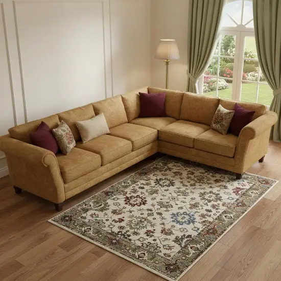 Ivory And Green Oriental Area Rug With Fringe Photo 1