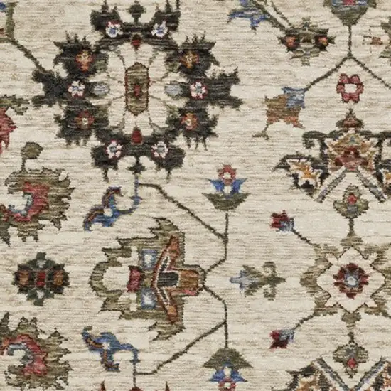 Ivory And Green Oriental Area Rug With Fringe Photo 4