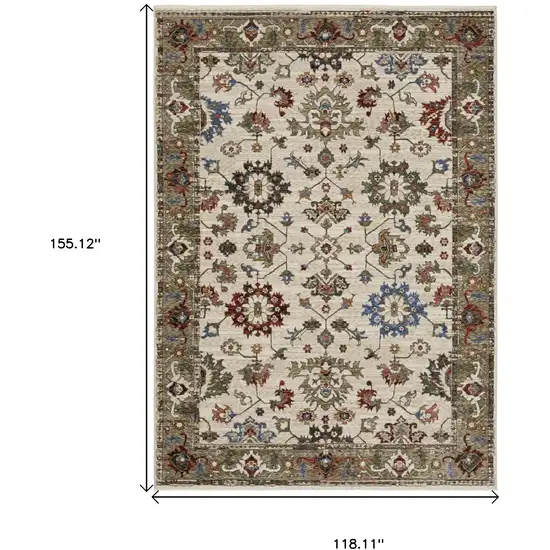 Ivory And Green Oriental Area Rug With Fringe Photo 3
