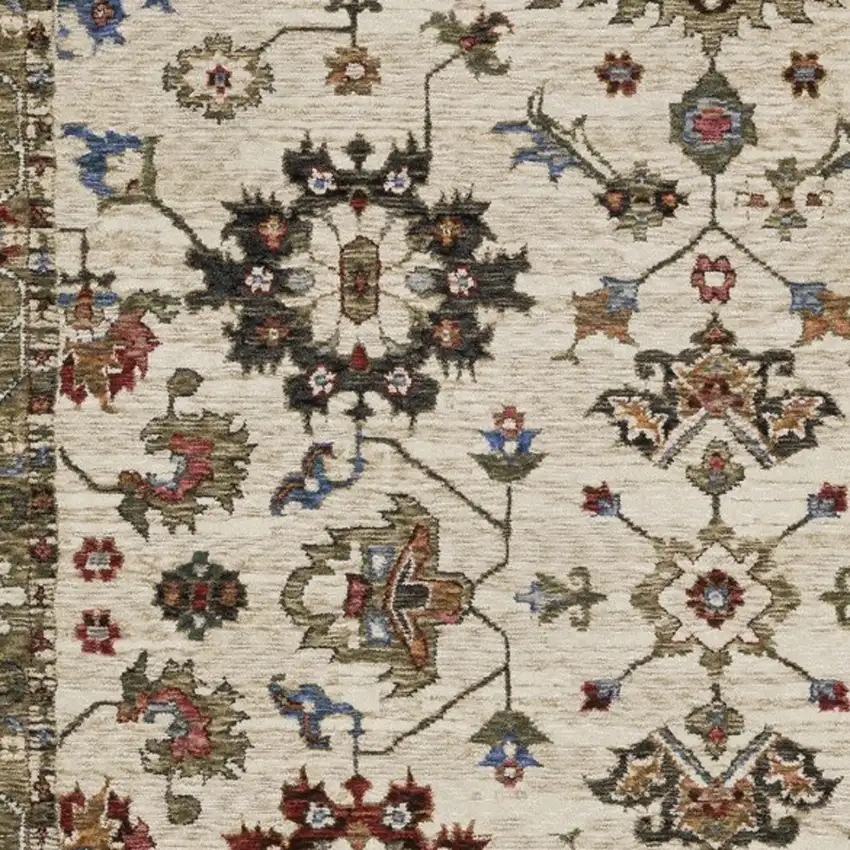 Ivory And Green Oriental Area Rug With Fringe Photo 4