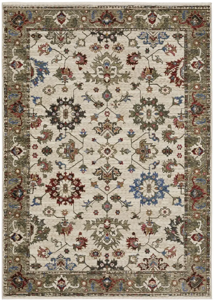 Ivory And Green Oriental Area Rug With Fringe Photo 2