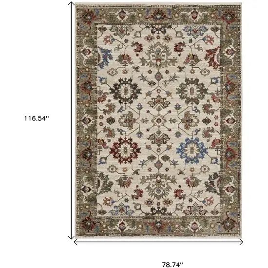 Ivory And Green Oriental Area Rug With Fringe Photo 3