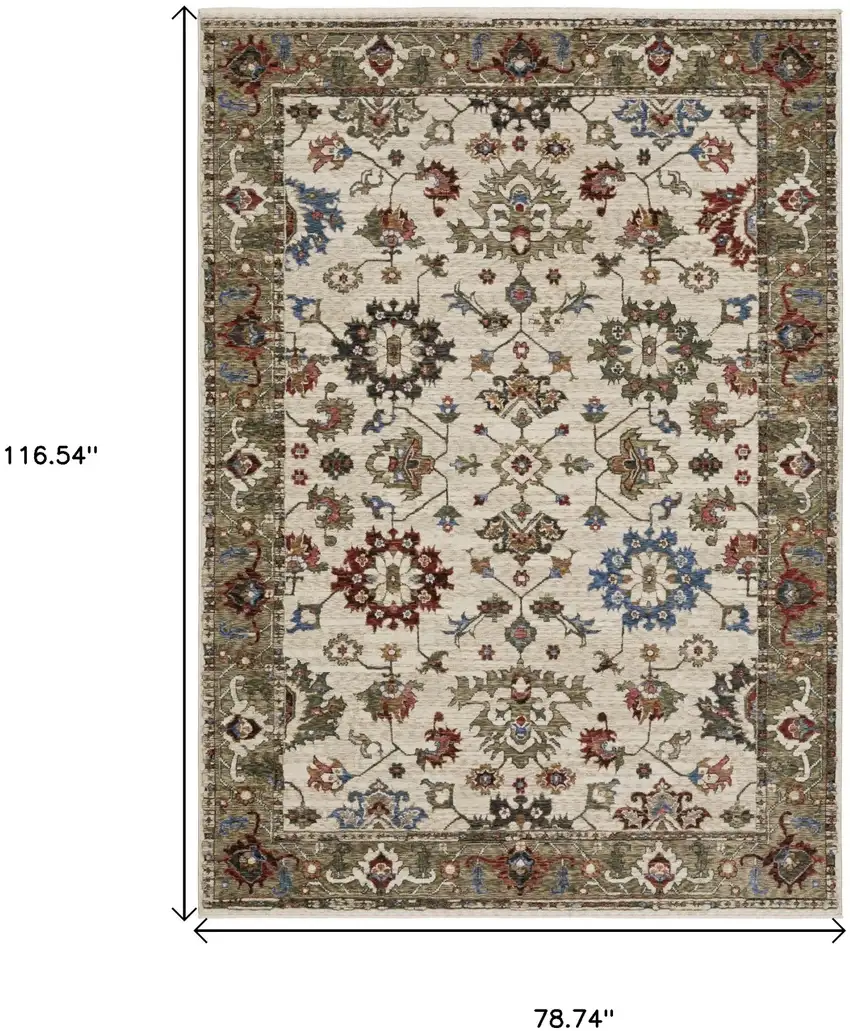 Ivory And Green Oriental Area Rug With Fringe Photo 3