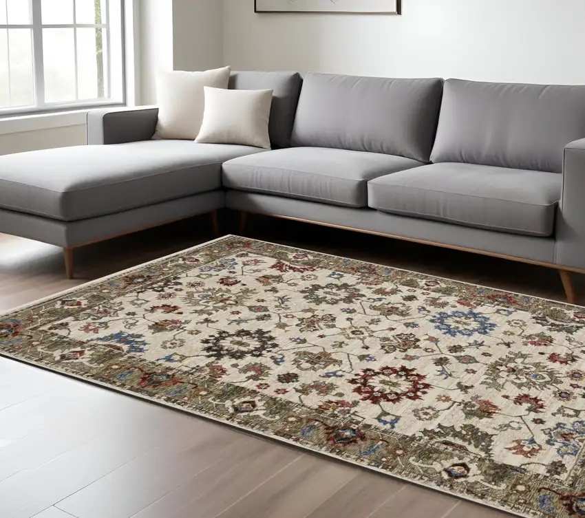 Ivory And Green Oriental Area Rug With Fringe Photo 1