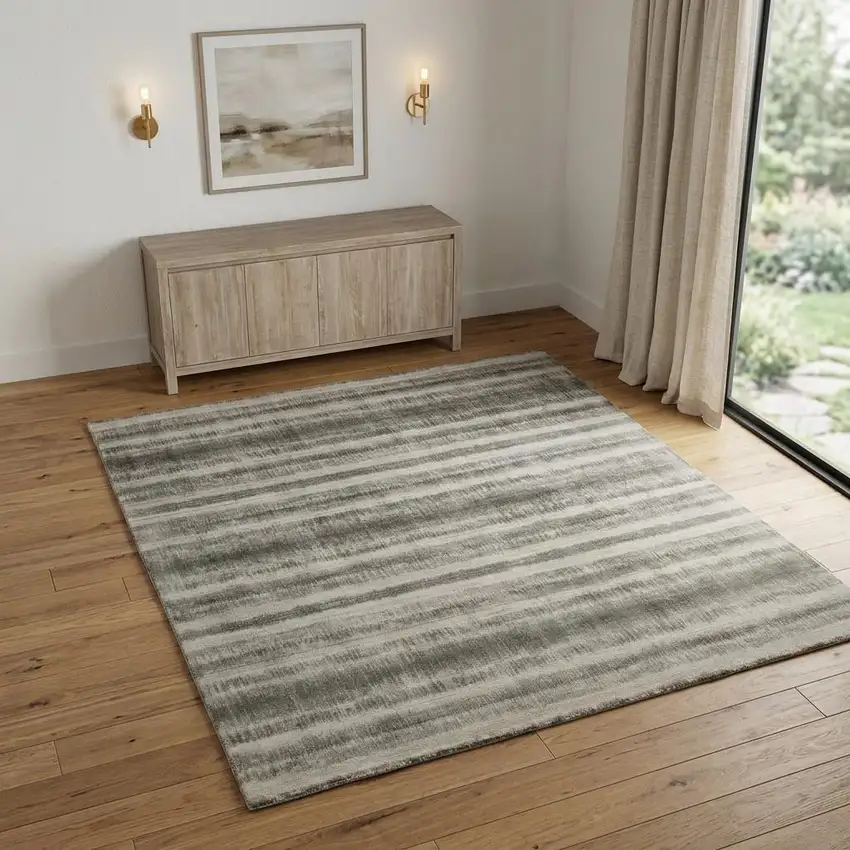 Ivory And Green Striped Hand Woven Area Rug Photo 1