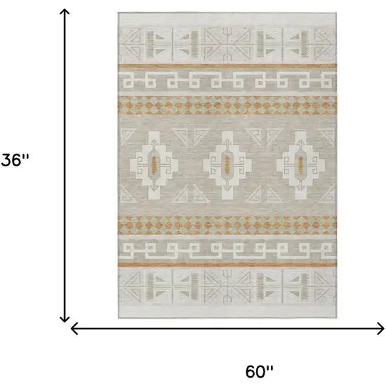 Ivory And Green Tribal Washable Indoor Outdoor Area Rug Photo 9
