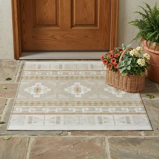 Ivory And Green Tribal Washable Indoor Outdoor Area Rug Photo 1
