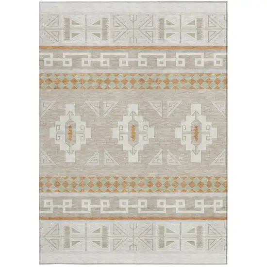 Ivory And Green Tribal Washable Indoor Outdoor Area Rug Photo 4