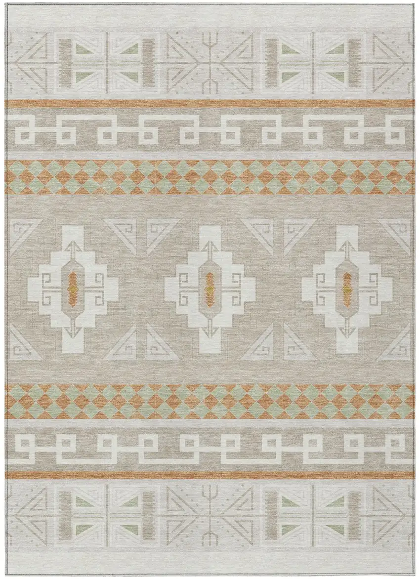 Ivory And Green Tribal Washable Indoor Outdoor Area Rug Photo 2