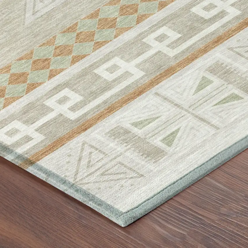 Ivory And Green Tribal Washable Indoor Outdoor Area Rug Photo 7