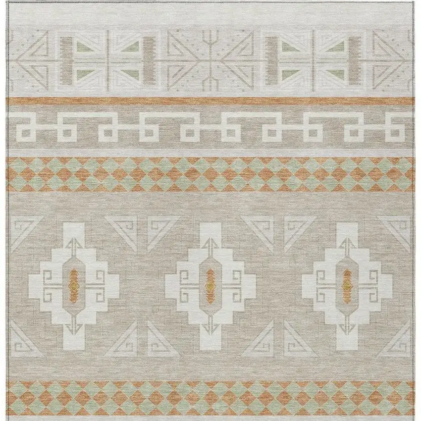 Ivory And Green Tribal Washable Indoor Outdoor Area Rug Photo 4