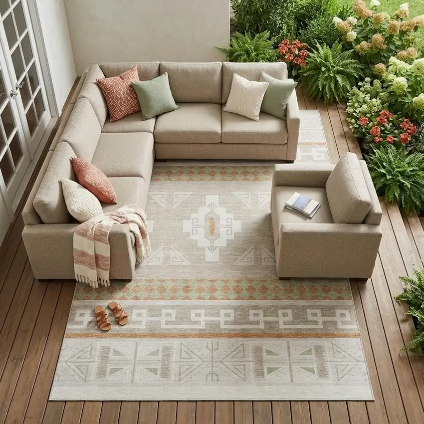 Ivory And Green Tribal Washable Indoor Outdoor Area Rug Photo 1