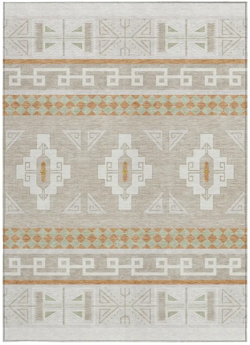Ivory And Green Tribal Washable Indoor Outdoor Area Rug Photo 4