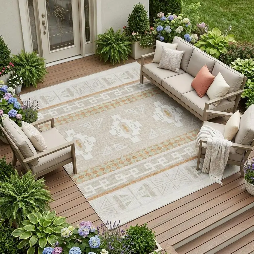 Ivory And Green Tribal Washable Indoor Outdoor Area Rug Photo 1