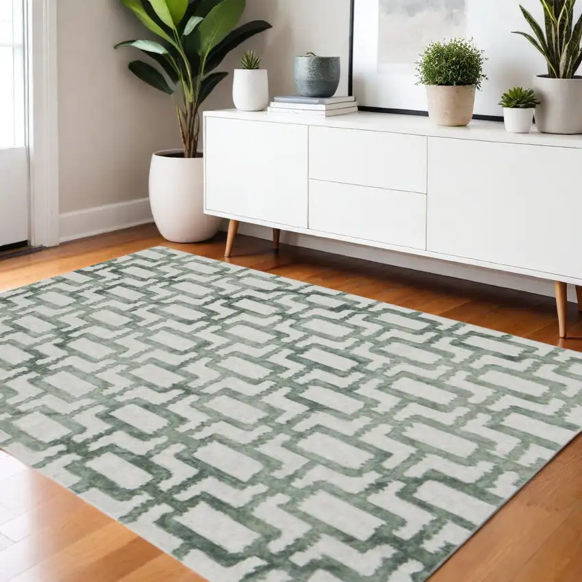Ivory And Green Wool Geometric Tufted Handmade Area Rug Photo 1