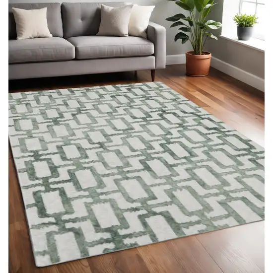 Green and Ivory Wool Geometric Hand Tufted Area Rug Photo 1