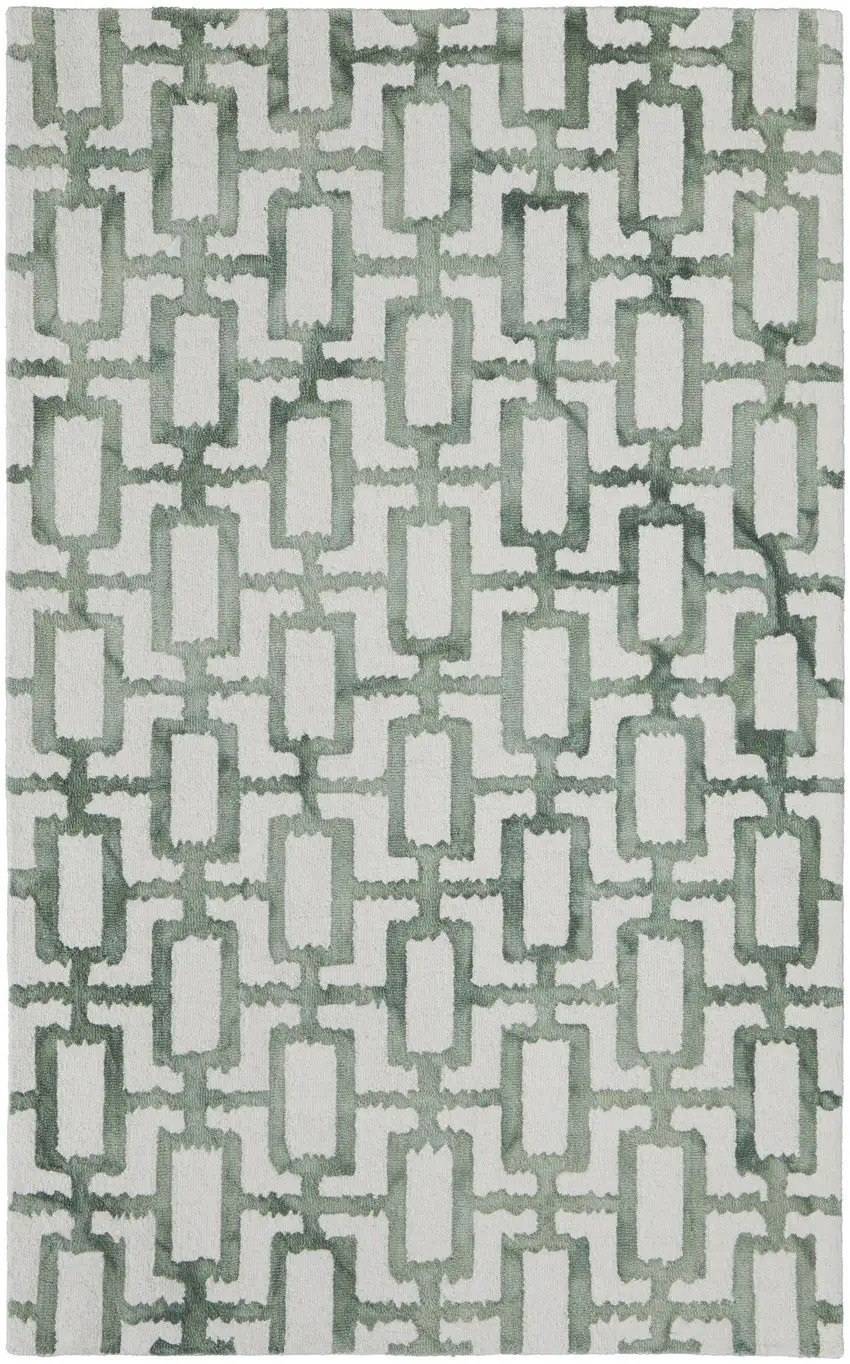 Ivory And Green Wool Geometric Tufted Handmade Area Rug Photo 1