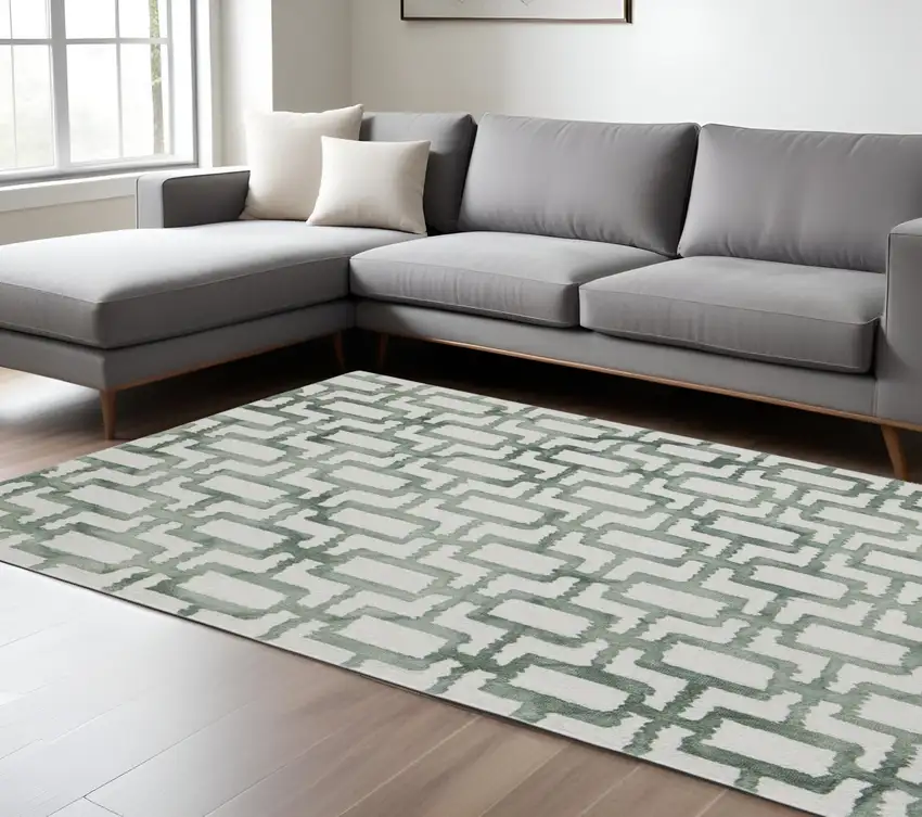 Ivory And Green Wool Geometric Tufted Handmade Area Rug Photo 1