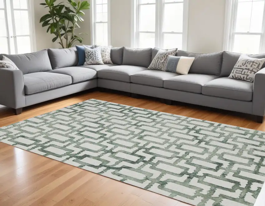 Ivory And Green Wool Geometric Tufted Handmade Area Rug Photo 1