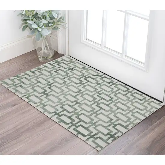 Ivory And Green Wool Geometric Tufted Handmade Area Rug Photo 1
